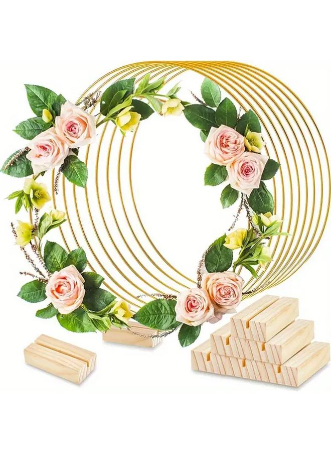 11 81 Inch Golden Metal Flower Wreath With Pink Roses Green Foliage Wooden Base Wedding Home Decor - Image 1